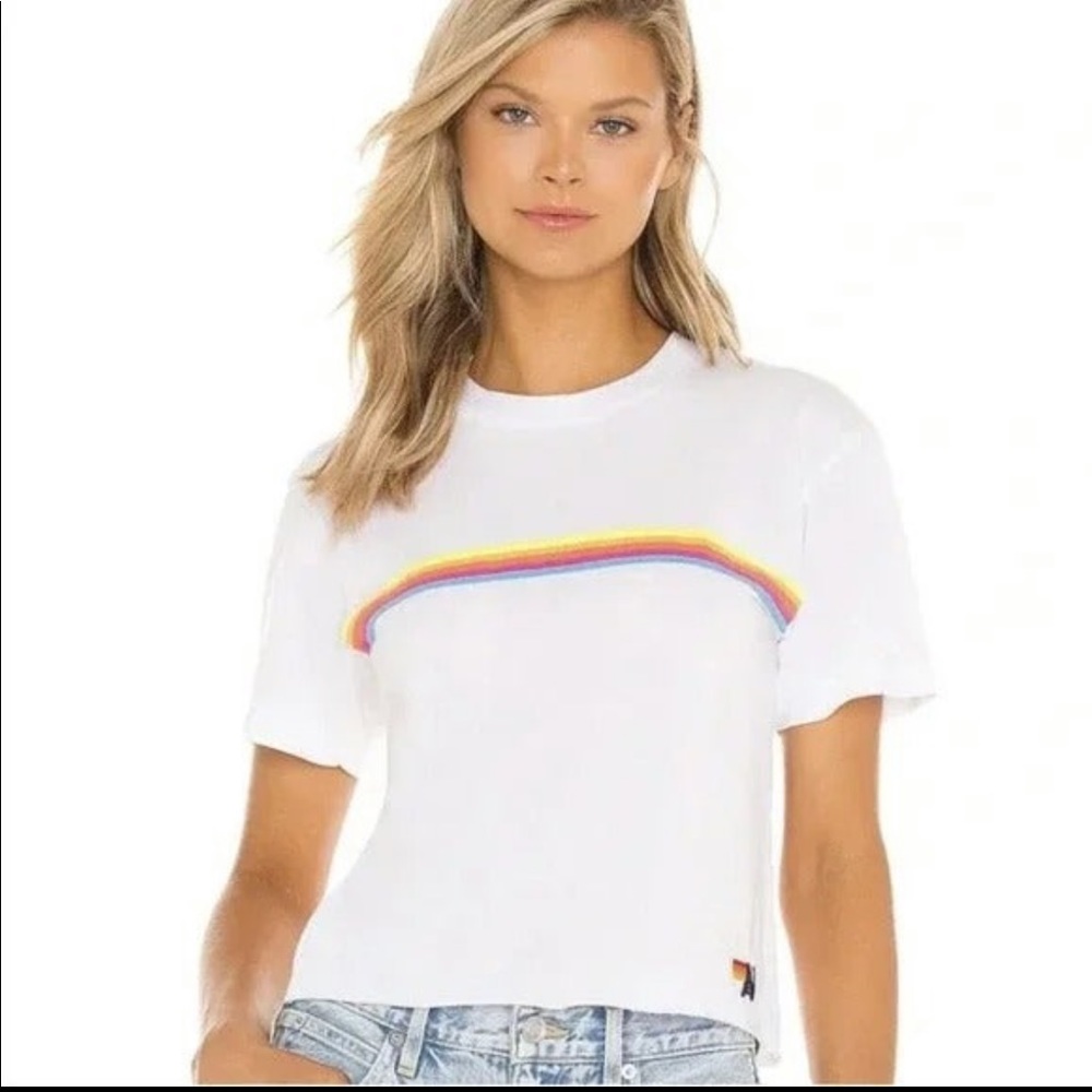 Aviator Nation White Sunset Crop Crewneck Tee w/ Neon Stripe Small
